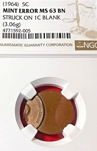 1964年製ニッケル、中心からずれているが、セントプランシェットに複数のエラーあり！NGC MS-63 BN