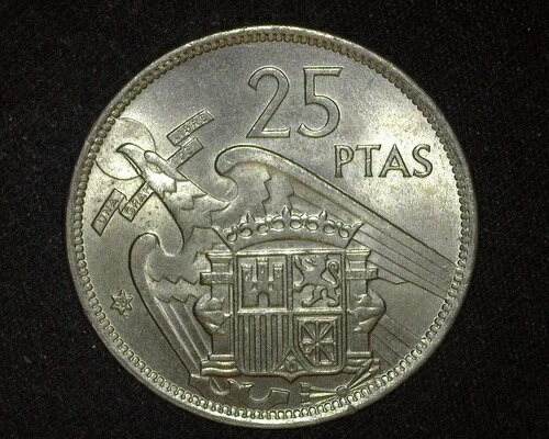 スペイン 1958 25 ペセタス KM787 ブリリアント未流通 ～C77-