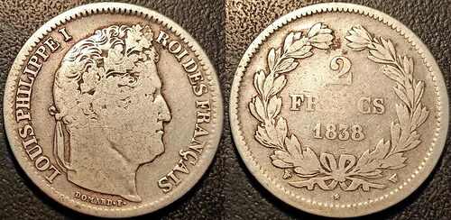 ルイフィリップ 1世~2 フラン シルバー 1838年 W、リール! F.260/69 F.-|WORLD RESOURCE【QUEEN店】