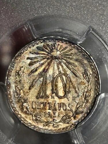 1934-M シルバー メキシコ 10センタボ KM-431 PCGS MS-64（トーン付き）