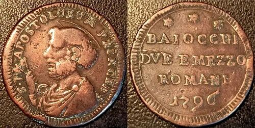 イタリア - 教皇州 - 教皇6世聖ペテロ - 2 1/2 Baiocchi 1796 ローマ KM#1240-