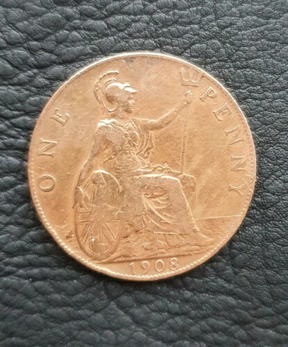 1908年英国1ペニー硬貨(写真の通り)状態:新品、光沢あり