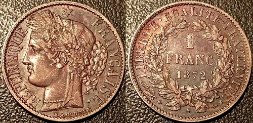 フランス - 第三共和国 - 1 Franc Ceres 1872 A、パリ 非常に良い ! F.216/5について- 40,755円