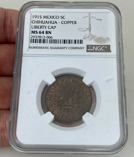 メキシコ 1915年 5セント チワワ銅貨 リバティキャップ MS64 BN - 95229 62,700円