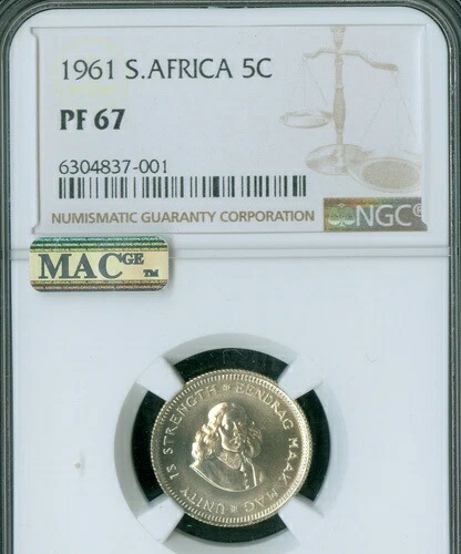 1961 年南アフリカ シルバー 5 セント NGC PF67 PQ MAC 2ND 最高級グレード & スポットなし。 62,700円