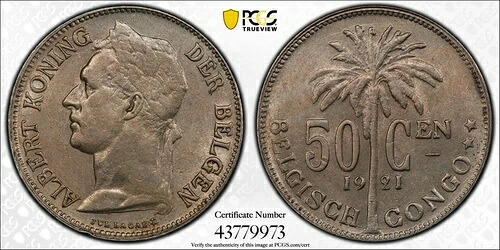 1921年 ベルギー平均 50セント-フランドルレジェンド (ベルギー平均) PCGS AU58-