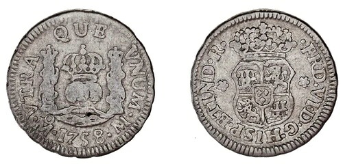 1/2レアル銀貨 - プラタ。フェルディナンド6世 - フェルナンド6世。メキシコ、1758年。VF。 40,755円