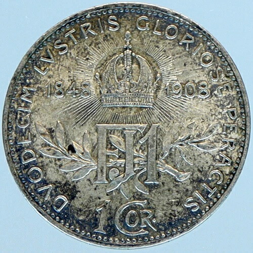 1908年オーストリア国王フランツ・ヨーゼフ1世記念銀製アンティークコロナコイン i98481