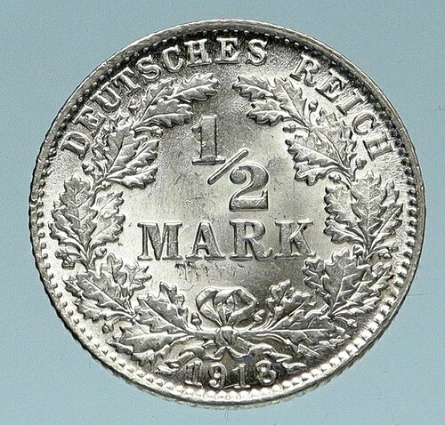 1918年 ヴィルヘルム2世 イーグルアンティーク オールドシルバー ドイツ1/2マルクコイン i83254