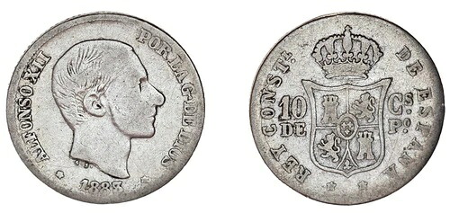 10セント フィリピン - 10セント フィリピン ペソ。アルフォンソ12世。1883年。VF - VF