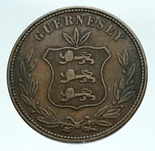 1864年 ガーンジー島 純正 3 ライオンズ 純正 アンティーク 8 ダブルコイン i84103-