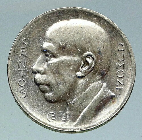 1938年 ブラジル アルベルト・サントス・デュモン 航空アンティークシルバー 5000レイスコイン i86505