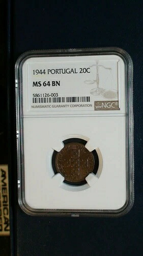 1944 年ポルトガル 20 センターボ NGC MS64 BN 20C コイン、早く売れるように価格設定されています!
