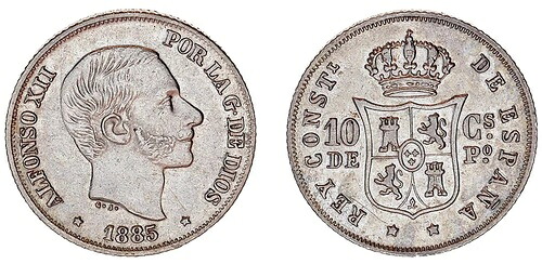 10セントフィリピン/10セントフィリピン。 1885年 アルフォンソ13世 Au/UNC。-