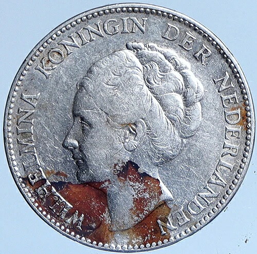 1930年 オランダ王国 ウィルヘルミナ女王 アンティーク シルバー 1グルデン コイン i114002