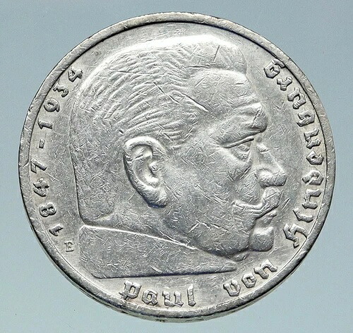 1936年 ドイツ 第2代大統領 ポール・フォン・ヒンデンブルク シルバー ドイツ 5マーク コイン i86606-