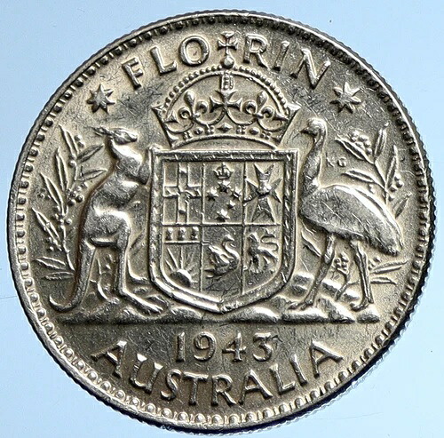 1943年 オーストラリア 大王ジョージ6世 カンガルー オールドシルバー フロリンコイン i107843-