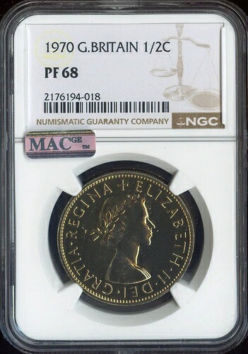 1970 年、英国、ハーフ 1/2C、ハーフ クラウン、NGC PF68、MAC、スポットレス、2 級最高級。