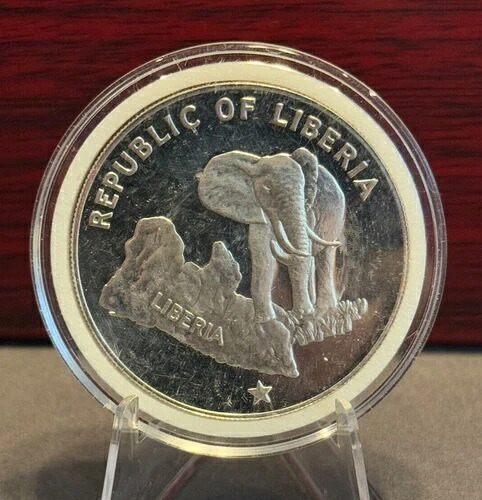 1973年 リベリア州地図と象のアンティーク 純正プルーフ 5ドル銀貨 i75207