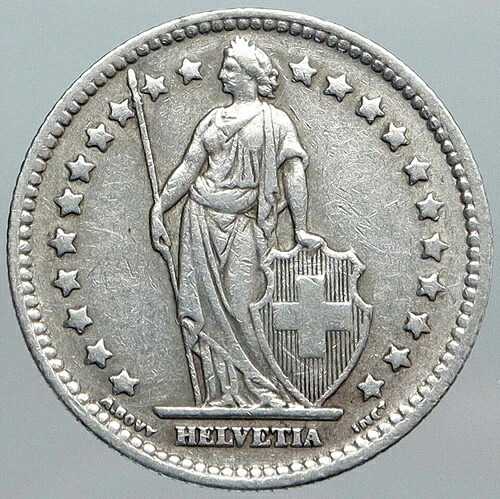 1943年 スイス ヘルヴェティア 古き良きスイス国家を象徴する銀貨 1フラン i89022