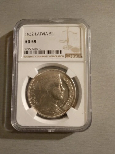 ラトビア-1932-5 ラティ-シルバー-NGC AU58