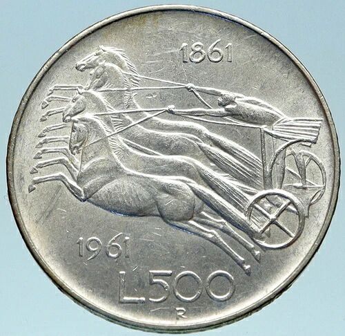 1961年 イタリア 銀貨 500リラ イタリア統一 ローマ首都 チャリオット i82821