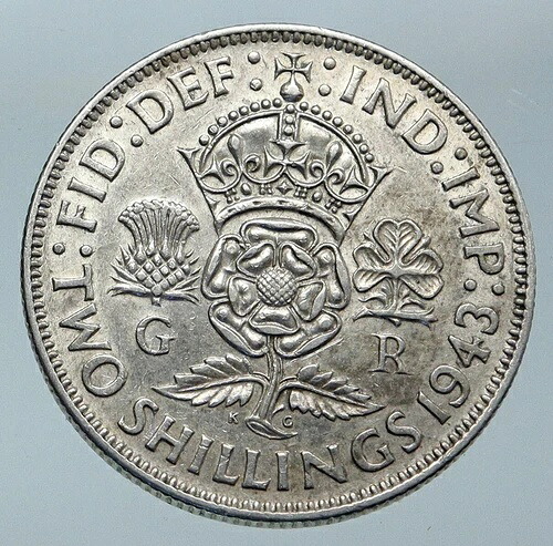1943年 イギリス ジョージ6世 銀貨 2シリング i85940