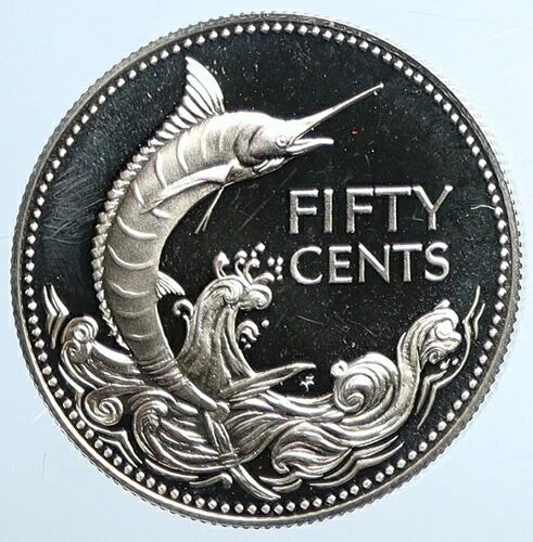 1974年 バハマ エリザベス2世女王 マーリン プルーフ銀貨 50セント コイン i111451