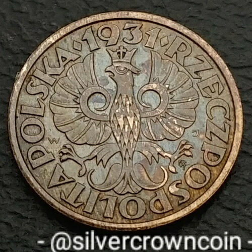 ポーランド 1 Grosz 1931 W. Y#8a。ブロンズ1セント硬貨。鷲の冠をかぶった紋章。