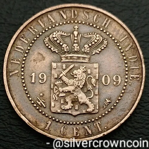 オランダ領東インド 1セント 1909年。KM#307.2。1ペニー硬貨。ウィルヘルミナ・l.