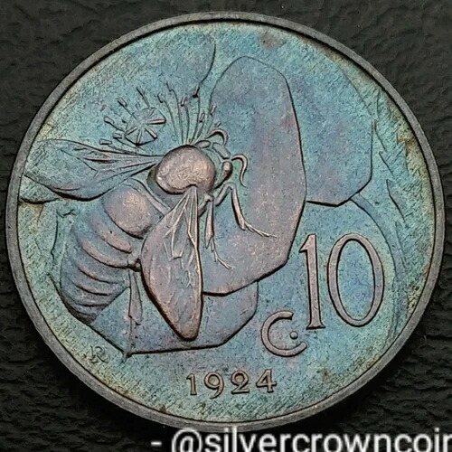イタリア 10 Centesimi 1924 R. KM#60。10セント硬貨。ハニービー。V. エマヌエーレ3世。HQ