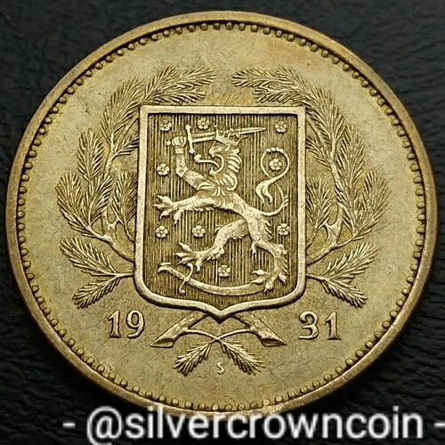 フィンランド ???? 20 マルカア 1931 S. KM#32。 20ドル硬貨。ミンテージが低い。横暴なライオン。