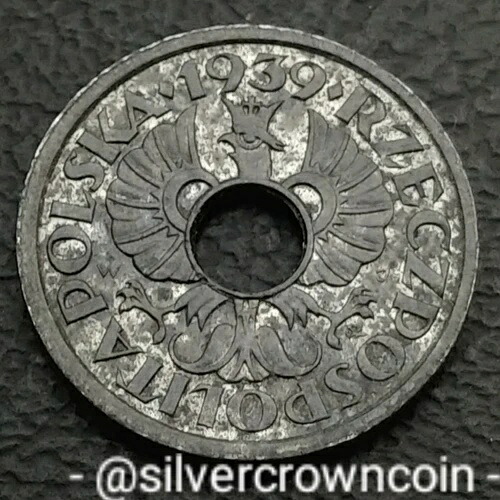 ポーランド 5 グロシ 1939 W. Y#35。亜鉛製 穴あき 5セント硬貨。第二次世界大戦 ドイツ占領時代。H