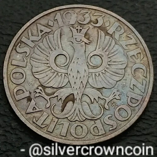ポーランド 2 Grosze 1933 WJ. Y#9a. 2セント硬貨。冠を戴いた鷲の翼が開いたデザイン。希少。