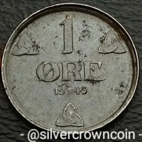 ノルウェー ???? 1945年製 1 鉱石。KM#387。鉄製1セント硬貨。ホーコン7世。第二次世界大戦。造幣局エラー。