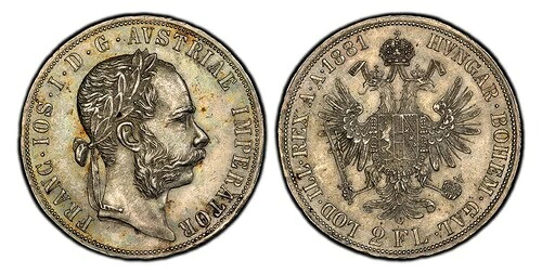 オーストリア フランツ・ヨーゼフ1世 1881年 AR 2フローリン PCGS 純正 UNC 詳細 Vienna Dav-27