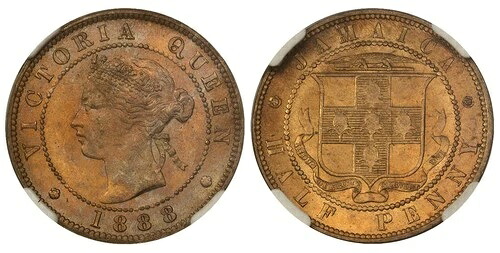 ジャマイカ、ヴィクトリア。1888年銅ニッケル1/2ペニー。NGC MS65。ヒートン。KM 16。