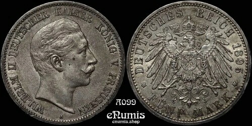 ドイツ、プロイセン、ヴィルヘルム2世、5マルク、1895年、好年、XF-UNC