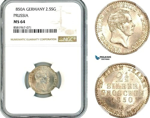 AL309、ドイツプロイセン、フリードリヒ・ヴィルヘルムIV、2 1/2シルバーグロシェン1850 NGC MS64- 58,685円