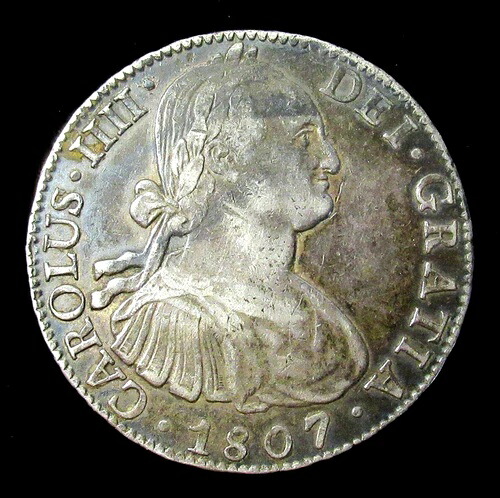 メキシコ：1807年スペイン植民地8レアルカルロス3世銀貨（古い色調）