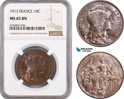 AE499、フランス、第三共和国、1913年、パリ、NGC MS65BN 10セント-