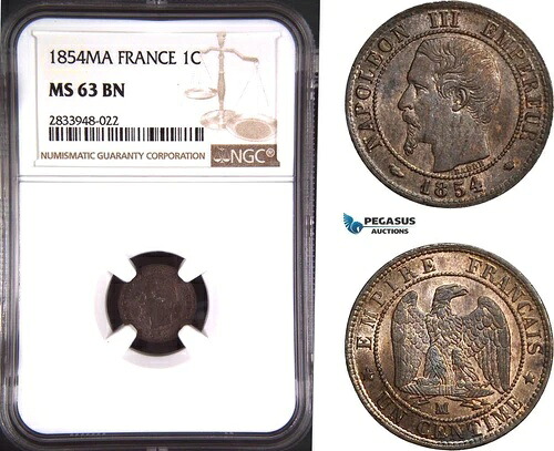 AD838、フランス、ナポレオン 3 世、1 サンチーム 1854-MA、マルセイユ、NGC MS63BN