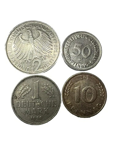1950年代 4 ドイツ コイン ロット 1949-1950 2 & 1 ドイツ マルク、50、および 10 ペニヒ MS