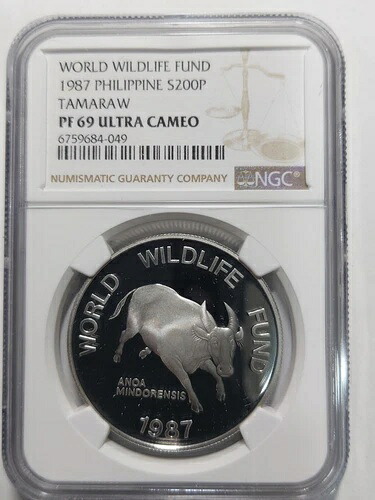 フィリピン 200 ピソ WWF タマラウ、1987 年、NGC PF 69 ウルトラ カメオ