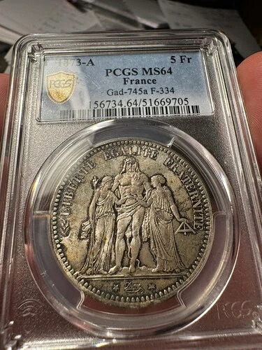 フランス 1873年 A5フラン シルバー PCGS MS64-