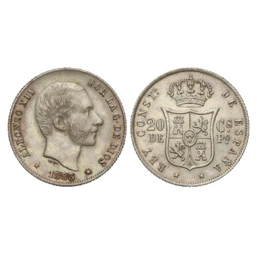 スペイン、327-アルフォン12世、ペソの20センタボ1885、フィリピン、未流通。