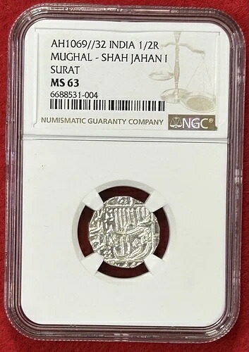 AH1069 32 インド ムガル帝国 - シャー・ジャハーン1世 銀貨 スーラト 1/2ルピー 1658-1659年 58,685円