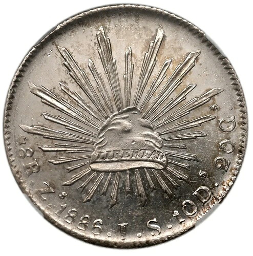 メキシコ シルバー 8 レアレス 1886 Zs-JS NGC UNC、サカテカスミント 58,685円