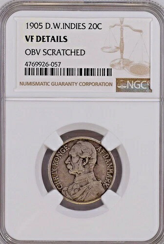 1905年 デンマーク領西インド諸島 .800 銀貨 20セント NGC VF 20C KM#79 非常に良好な状態