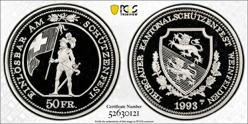 スイス 1993 HF 50 フラン トゥルガウ ハバリング 45a PCGS PF69 DCAM